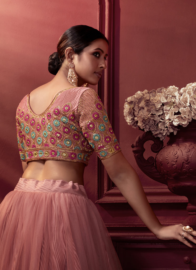 Coral Pink Net Embroidered Wedding Lehenga Choli