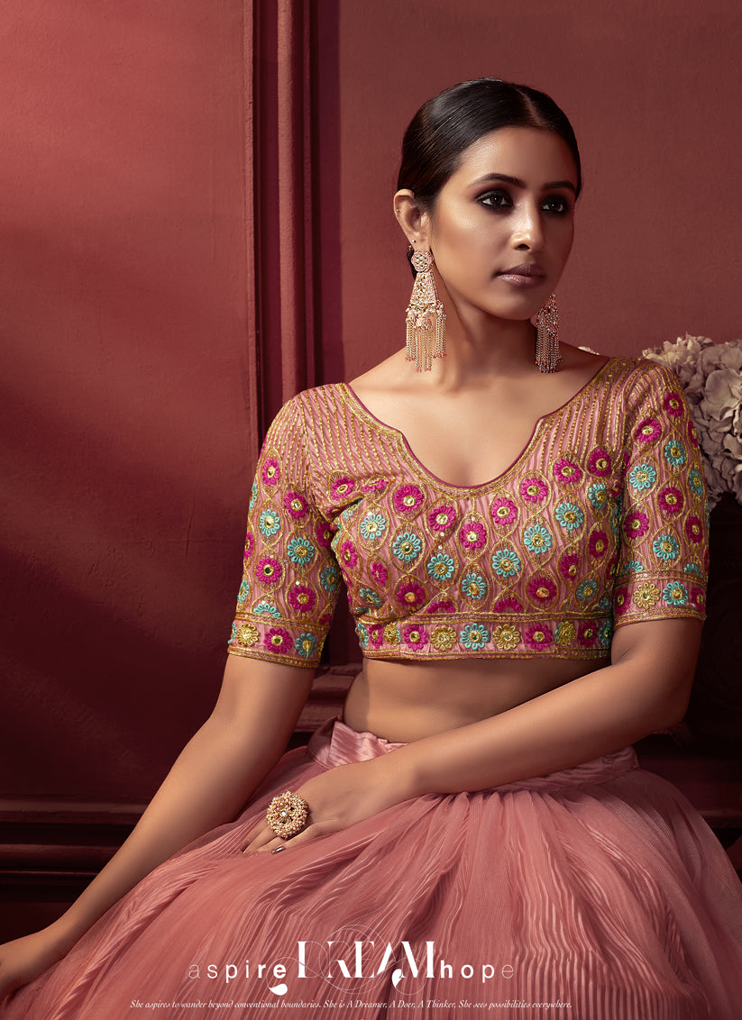 Coral Pink Net Embroidered Wedding Lehenga Choli