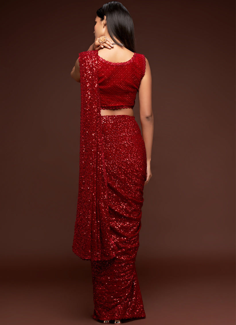 Red Georgette Thread and Sequins Embroidery Saree