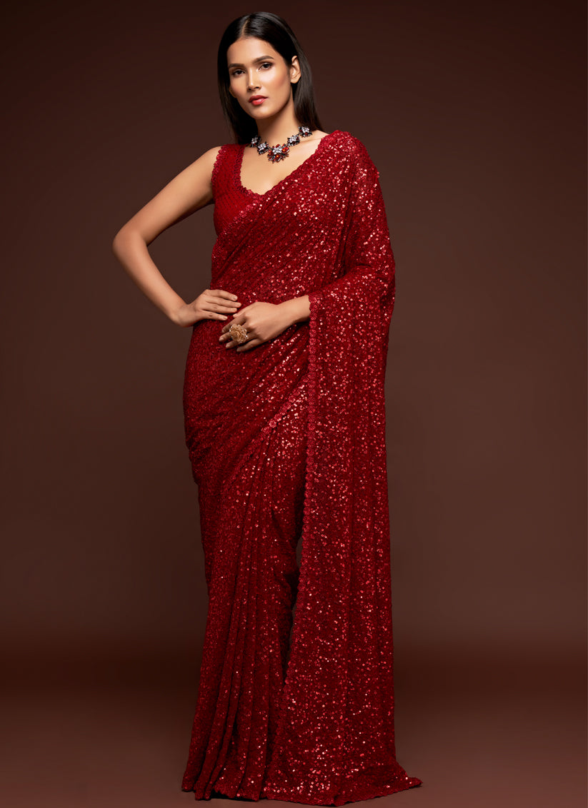 Red Georgette Thread and Sequins Embroidery Saree