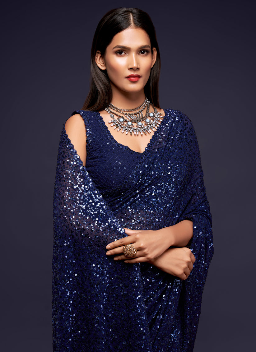 Blue Georgette Thread and Sequins Embroidery Saree