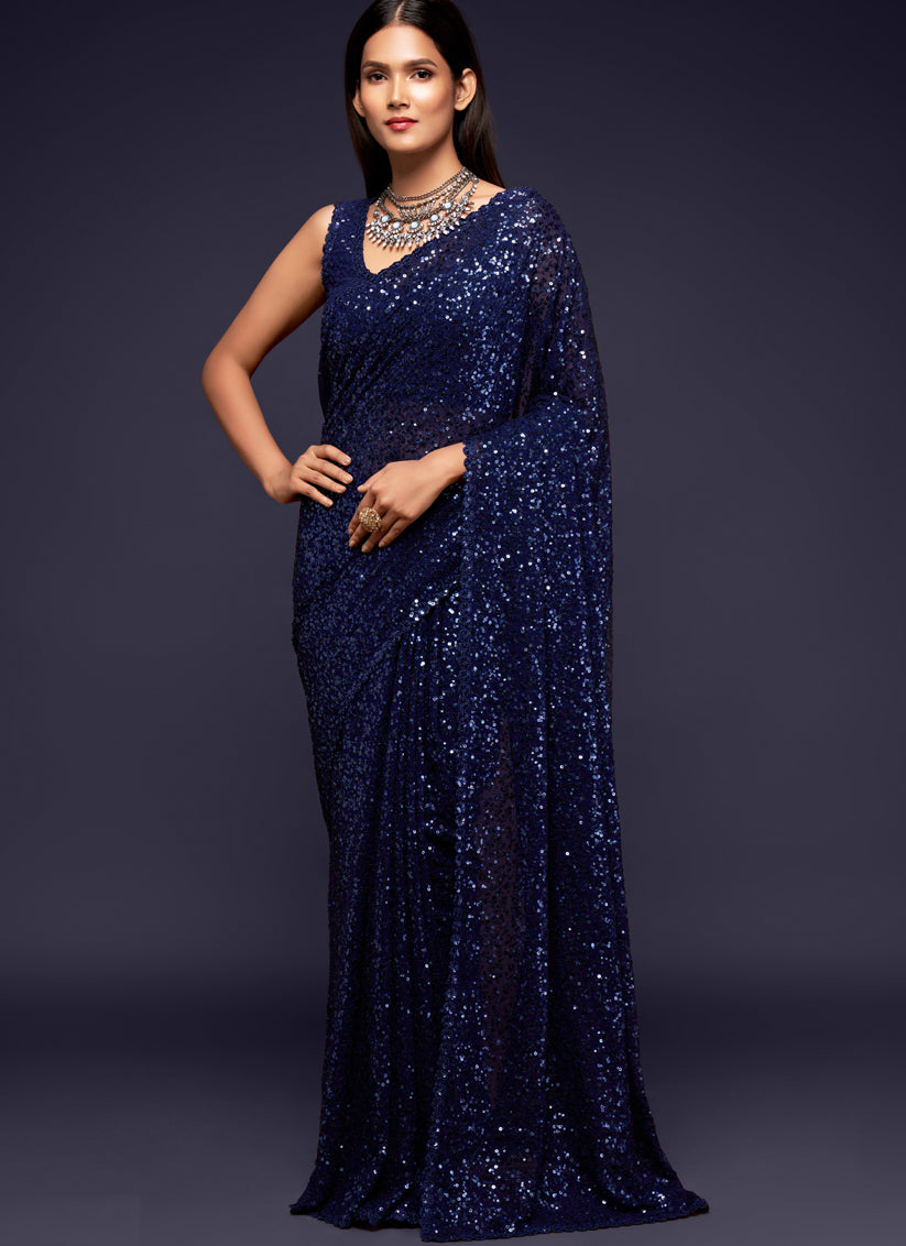 Blue Georgette Thread and Sequins Embroidery Saree