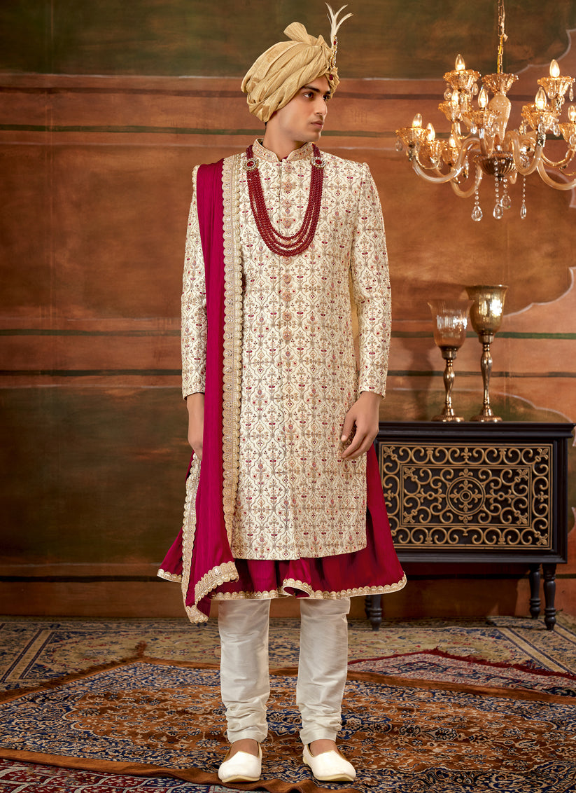 Cream Art Silk Embroidered Designer Sherwani with Stole