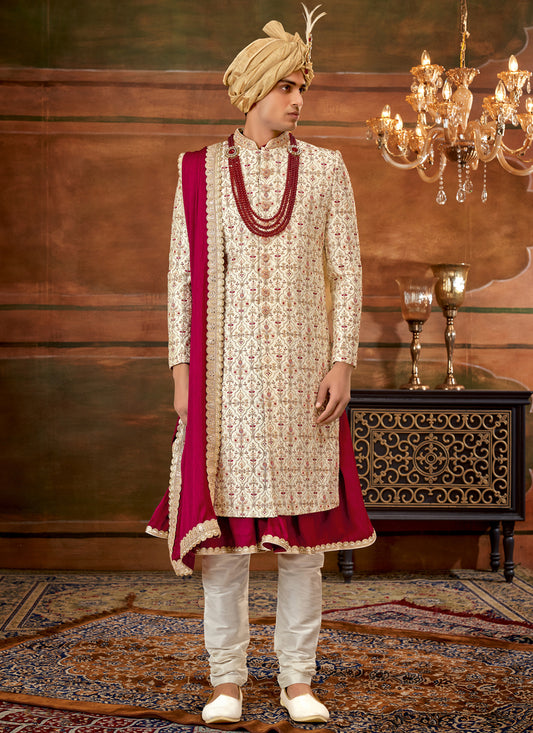 Cream Art Silk Embroidered Designer Sherwani with Stole