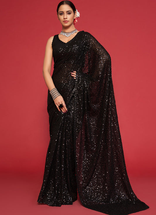 Black Georgette Thread and Sequins Embroidery Saree