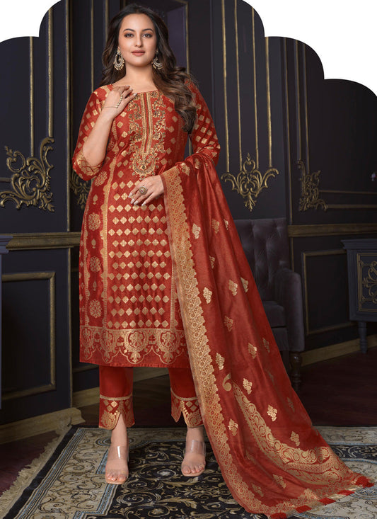 Sonakshi Sinha Rust Red Silk Ready Made Pant Kameez Set