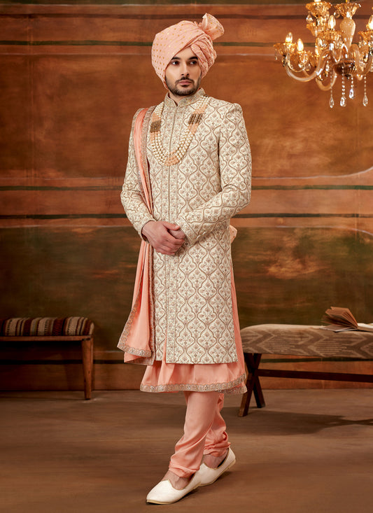 Cream Art Silk Embroidered Designer Sherwani with Stole