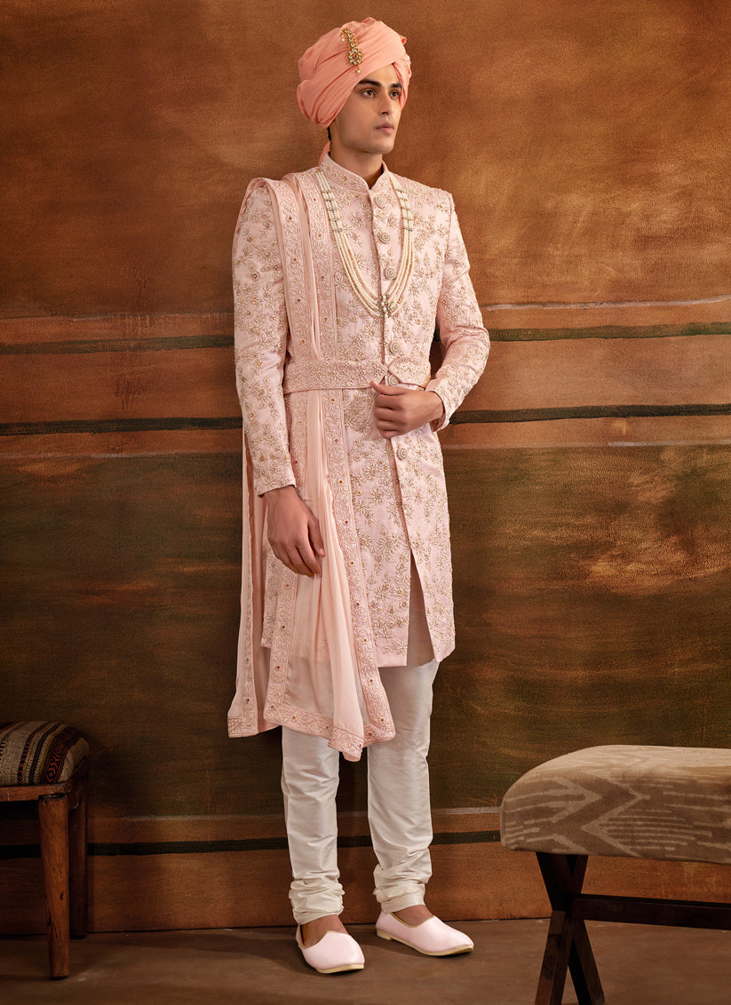 Pink Art Silk Embroidered Designer Sherwani with Stole