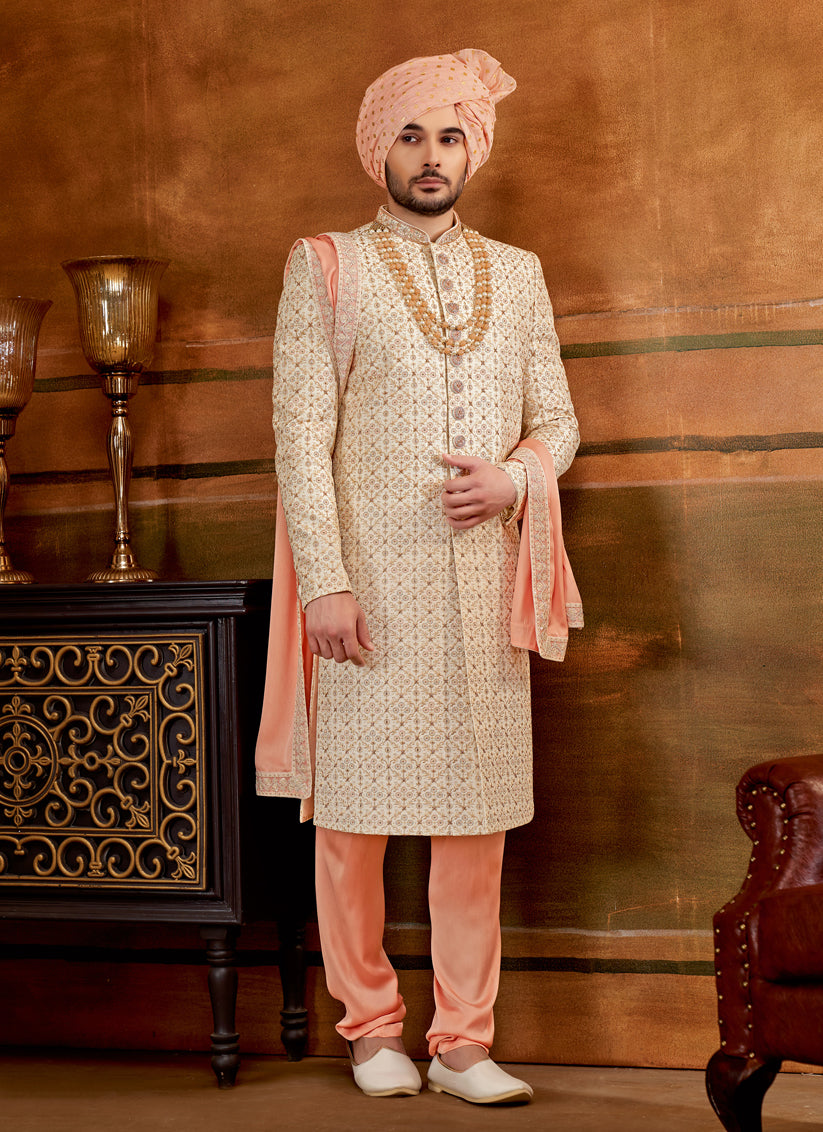 Cream Art Silk Embroidered Designer Sherwani with Stole