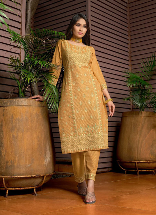 Yellow Cotton Printed Ready Made Pant Kameez Set