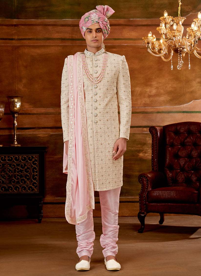 Cream Art Silk Embroidered Designer Sherwani with Stole