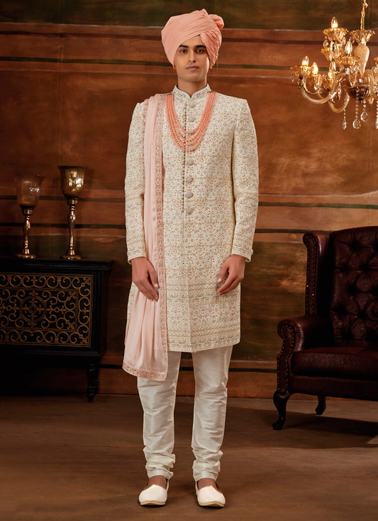 Cream Georgette Embroidered Designer Sherwani with Stole