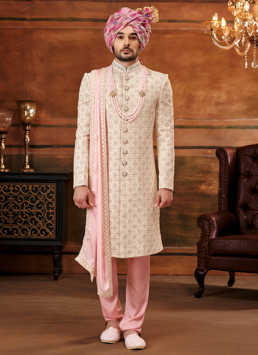 Cream Georgette Embroidered Designer Sherwani with Stole