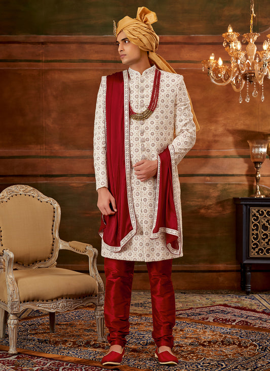 Cream Georgette Embroidered Designer Sherwani with Stole