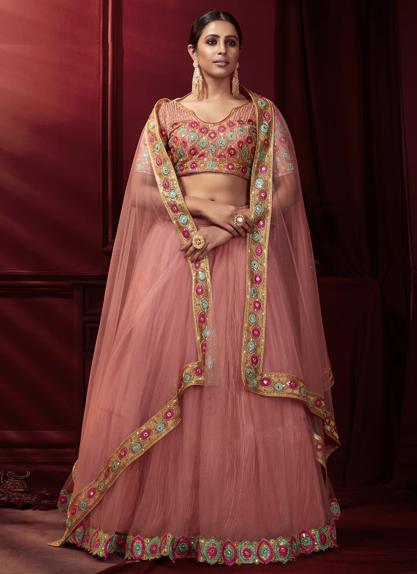 Coral Pink Net Embroidered Wedding Lehenga Choli