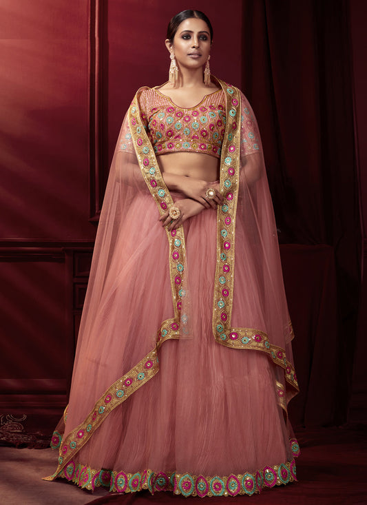 Coral Pink Net Embroidered Wedding Ready To Wear Lehenga Choli