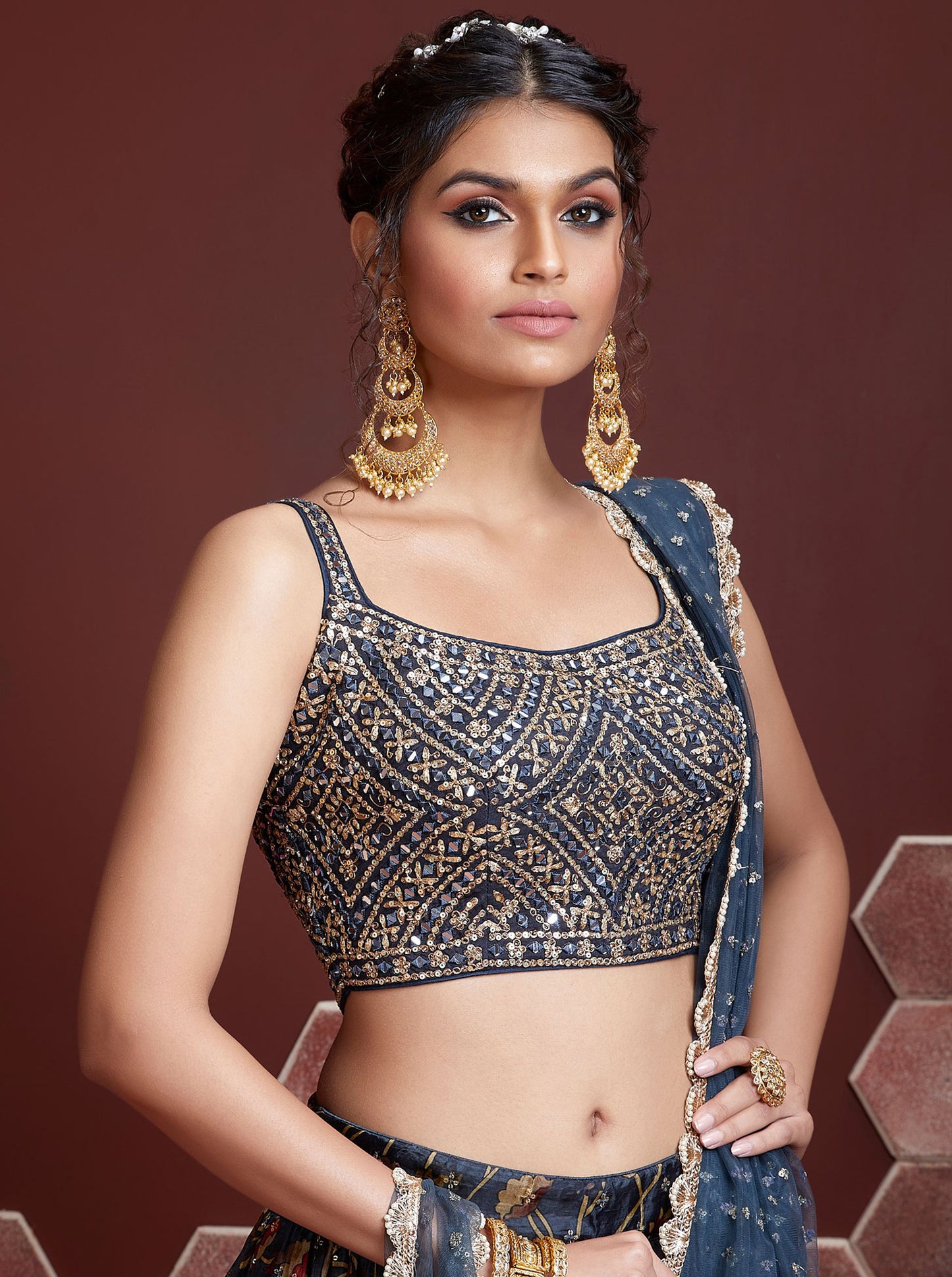 Midnight Blue Chinnon Silk Embroidered Wedding Lehenga Choli