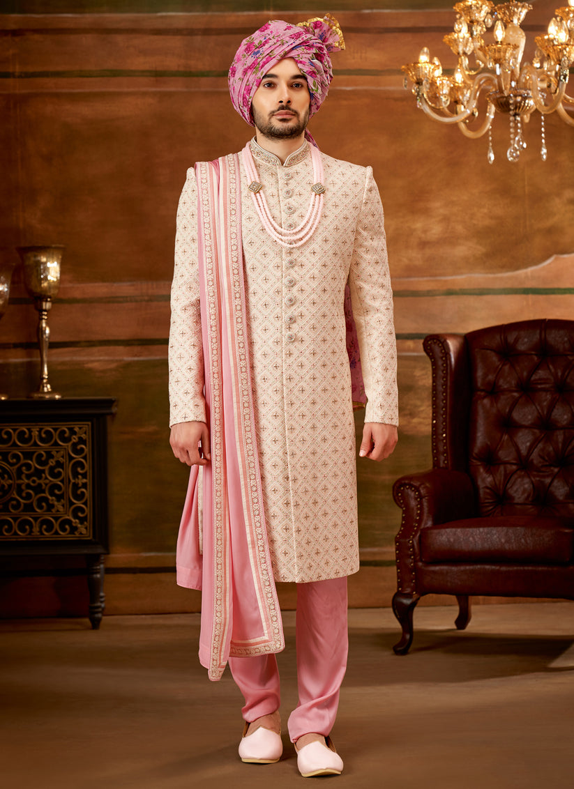 Cream Georgette Embroidered Designer Sherwani with Stole