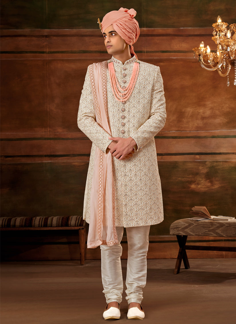 Cream Georgette Embroidered Designer Sherwani with Stole