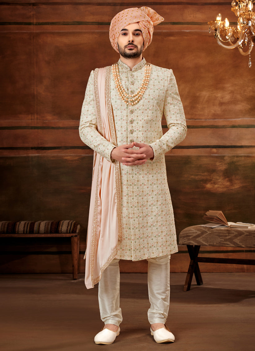 Cream Georgette Embroidered Designer Sherwani with Stole