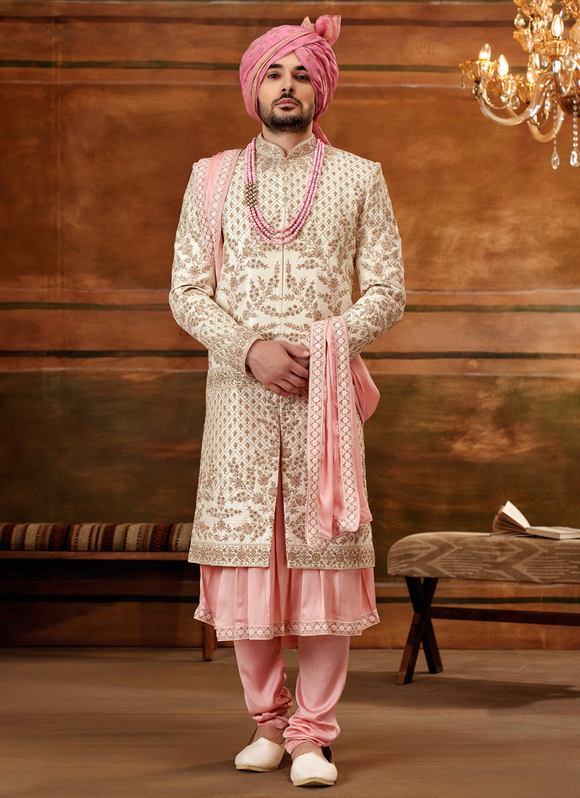 Cream Art Silk Embroidered Designer Sherwani with Stole