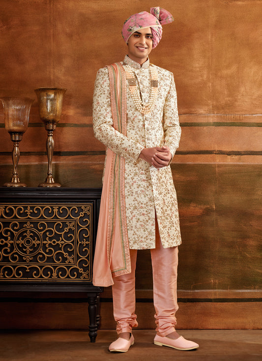 Cream Art Silk Embroidered Designer Sherwani with Stole