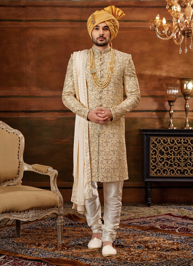 Golden Art Silk Embroidered Designer Sherwani with Stole