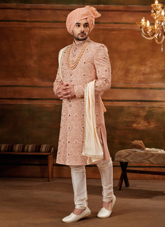 Blush Pink Art Silk Embroidered Designer Sherwani with Stole