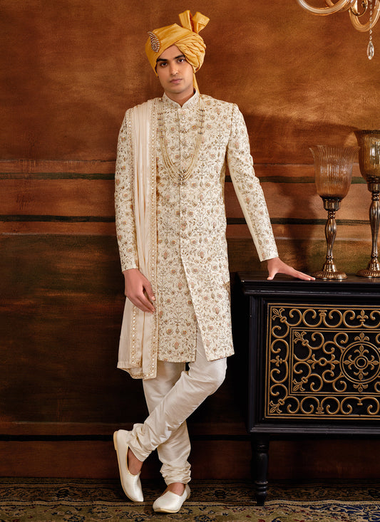 Cream Art Silk Embroidered Designer Sherwani with Stole