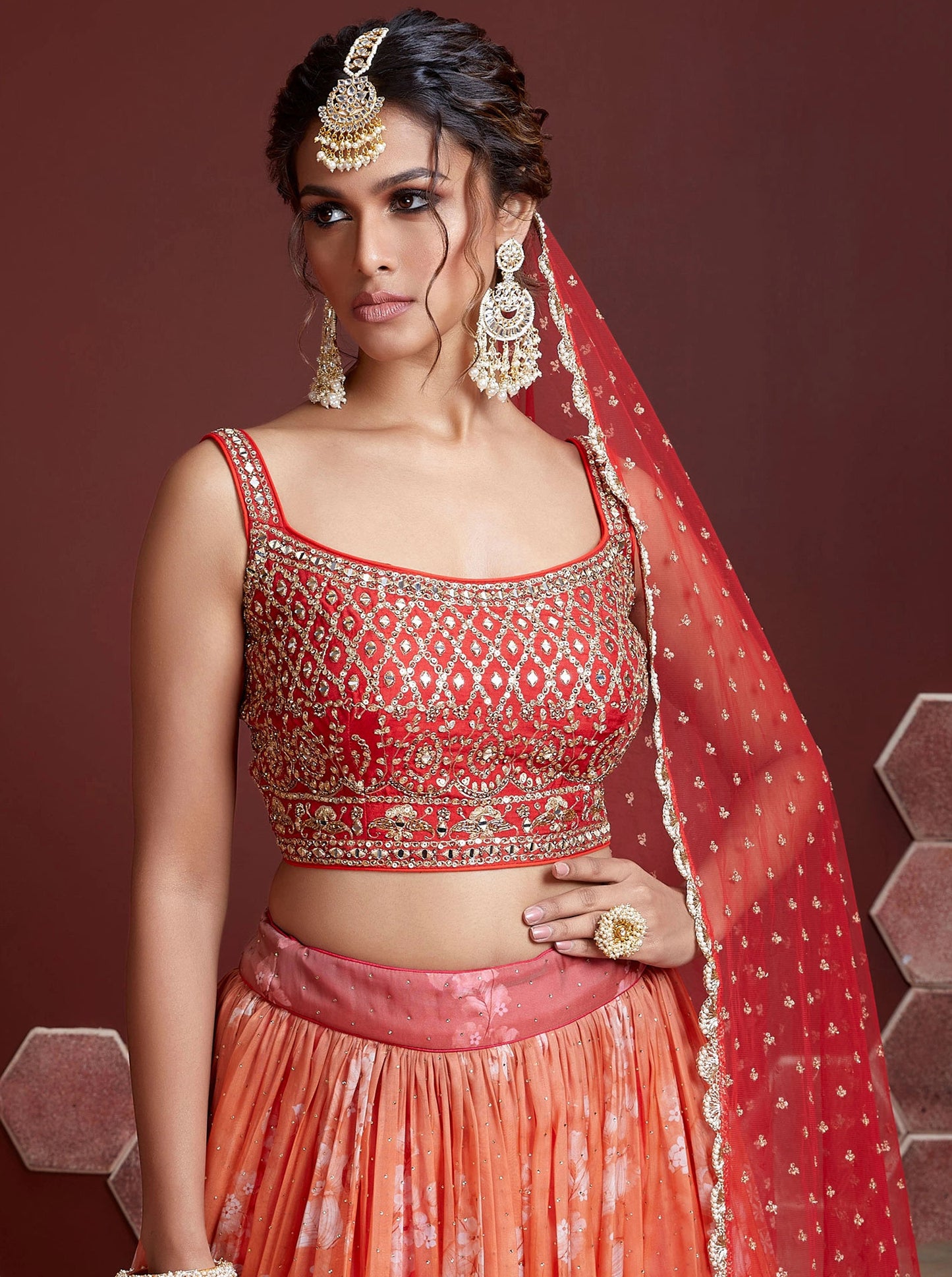 Orange Tebby Silk Embroidered Wedding Lehenga Choli