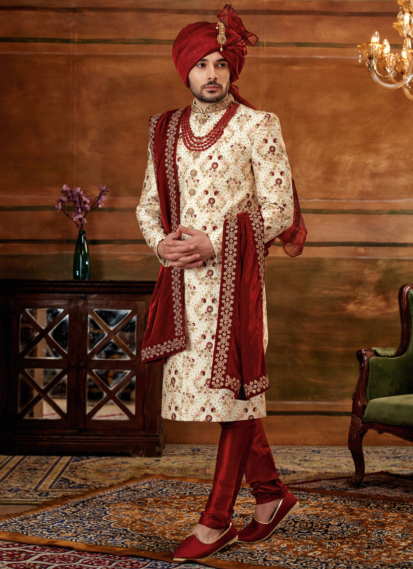 Cream Art Silk Embroidered Designer Sherwani with Stole