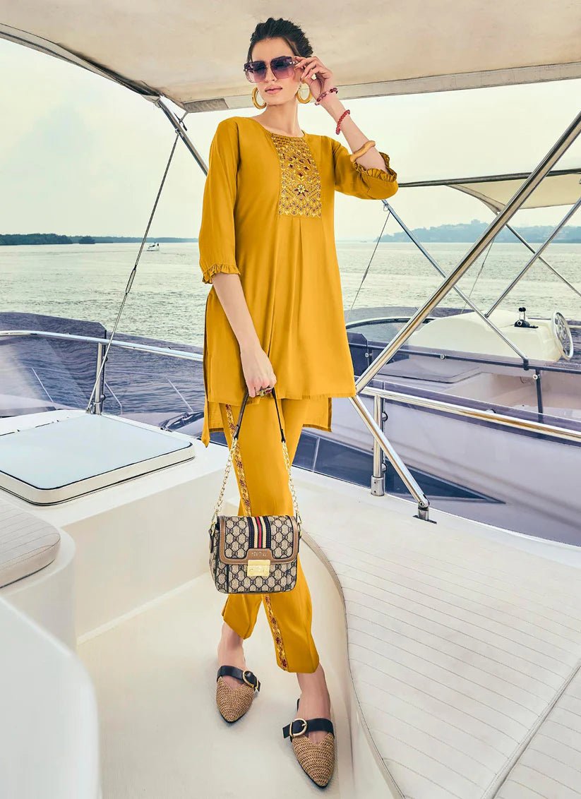 Yellow Natural Silk Embroidered Partywear Ready Made Kurti with Pant