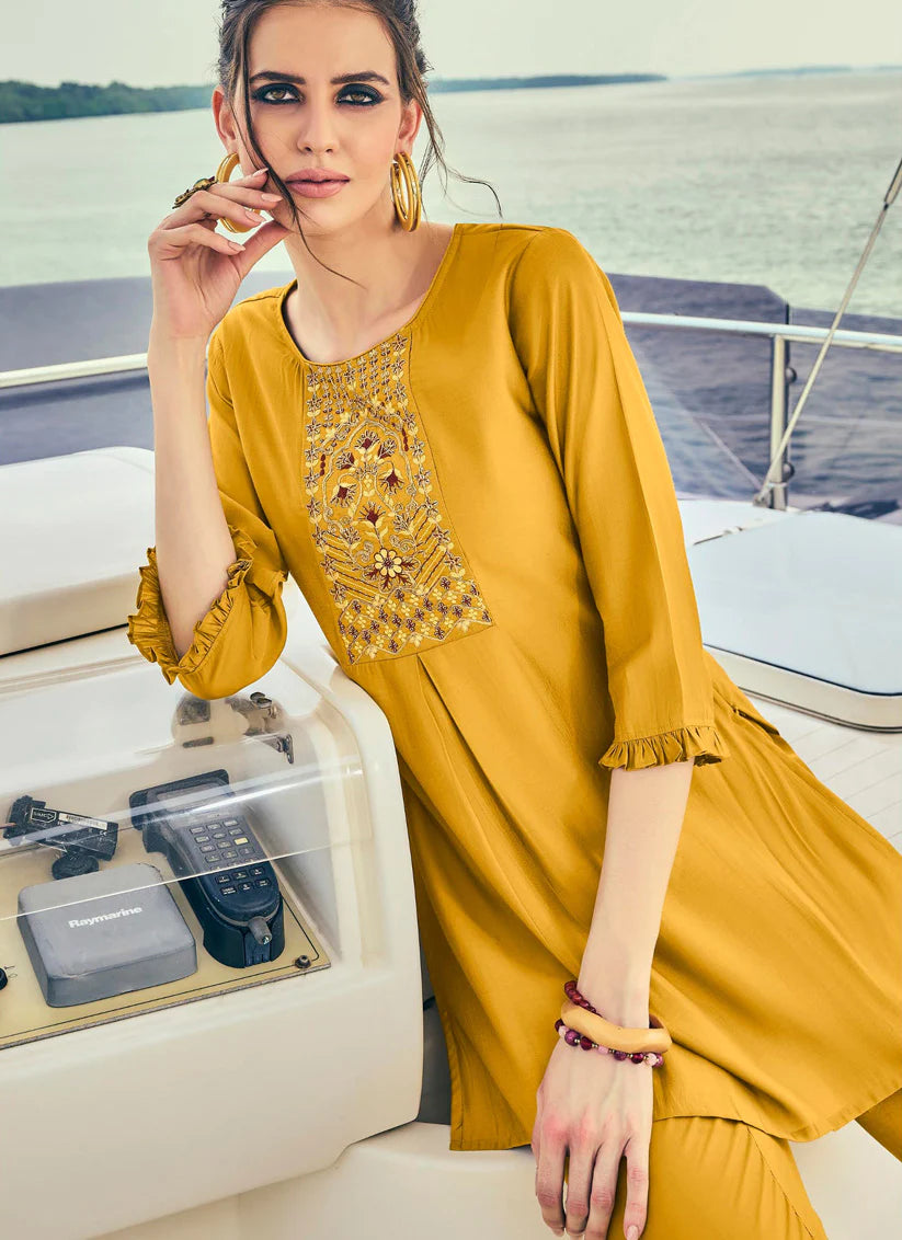 Yellow Natural Silk Embroidered Partywear Ready Made Kurti with Pant