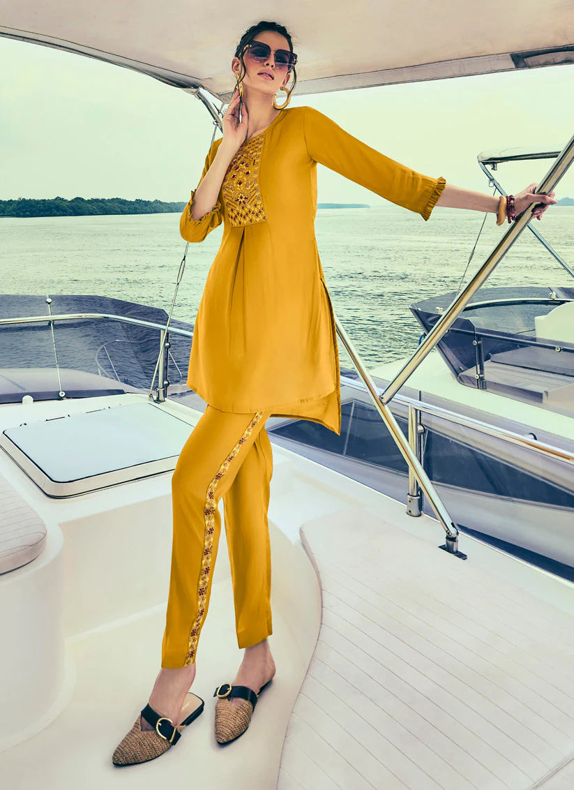 Yellow Natural Silk Embroidered Partywear Ready Made Kurti with Pant