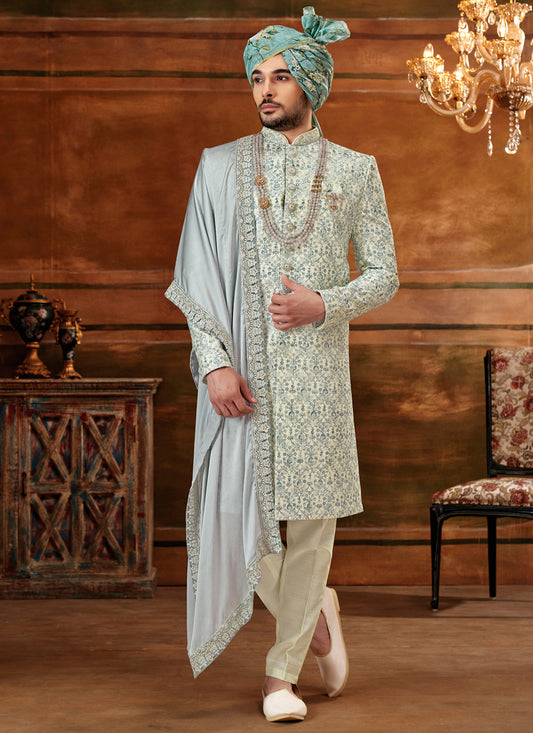 Cream and Greyish Blue Art Silk Embroidered Designer Sherwani with Stole