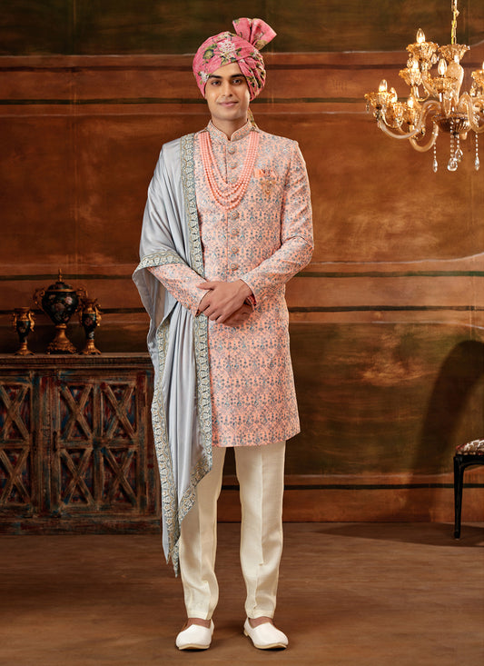 Peach and Greyish Blue Art Silk Embroidered Designer Sherwani with Stole