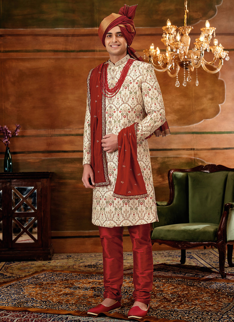 Cream Art Silk Embroidered Designer Sherwani with Stole