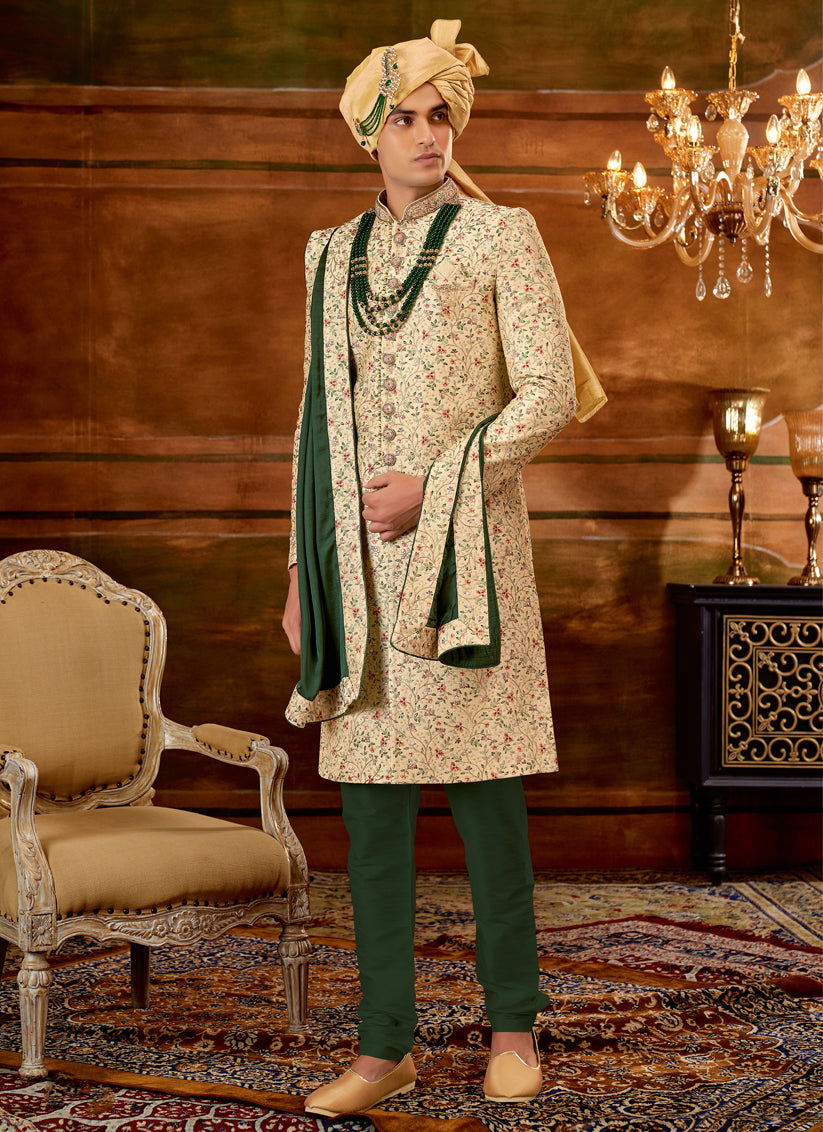 Golden Art Silk Embroidered Designer Sherwani with Stole