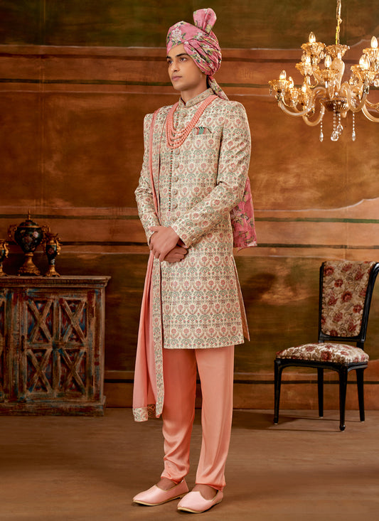 Golden Art Silk Embroidered Designer Sherwani with Stole