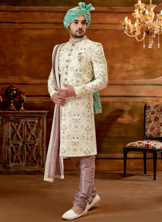 Cream Art Silk Embroidered Designer Sherwani with Stole