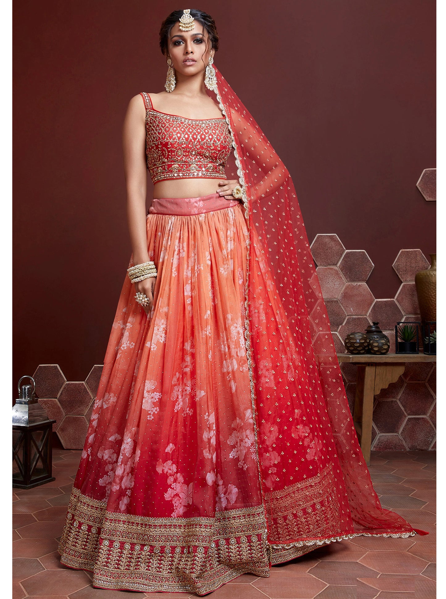 Orange Tebby Silk Embroidered Wedding Lehenga Choli