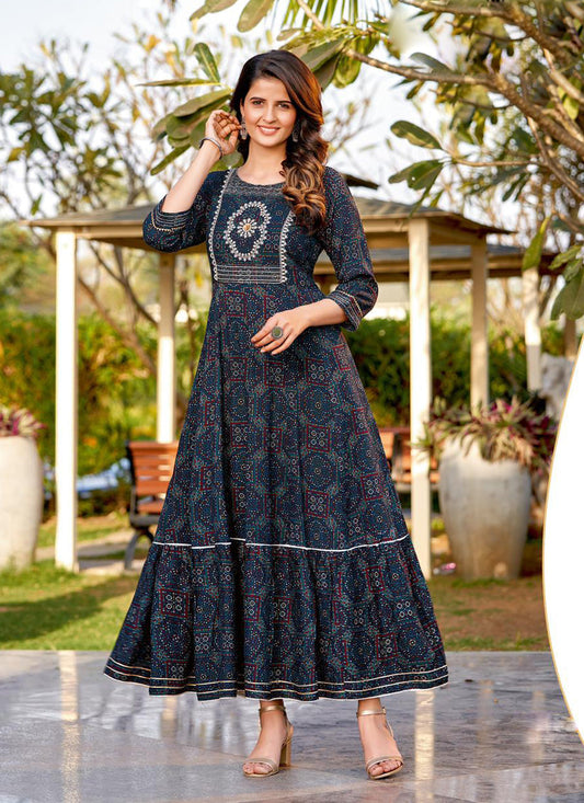 Navy Blue Rayon Printed Long Gown Style Ready Made Anarkali Kurti