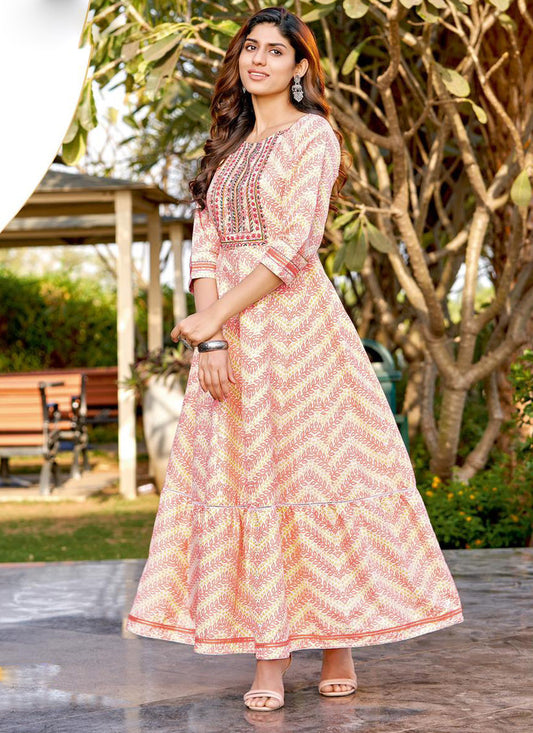 Cream and Red Rayon Printed Long Gown Style Ready Made Anarkali Kurti