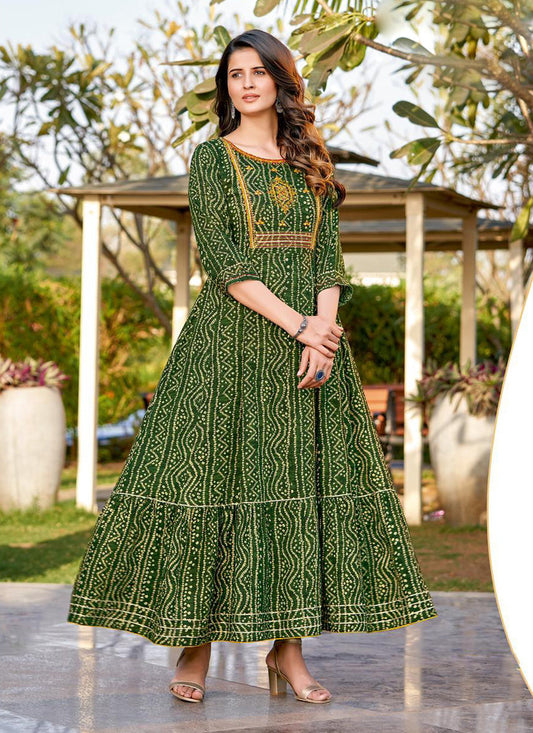 Green Rayon Printed Long Gown Style Ready Made Anarkali Kurti