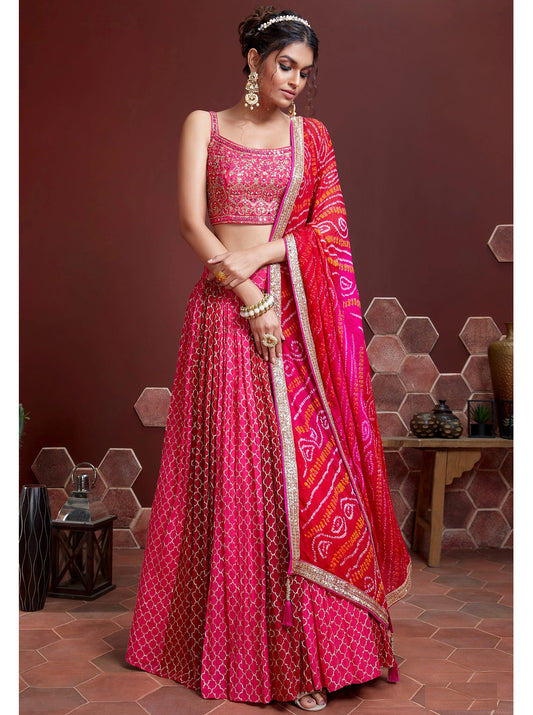 Pink Pure Chinnon Silk Embroidered Wedding Lehenga Choli