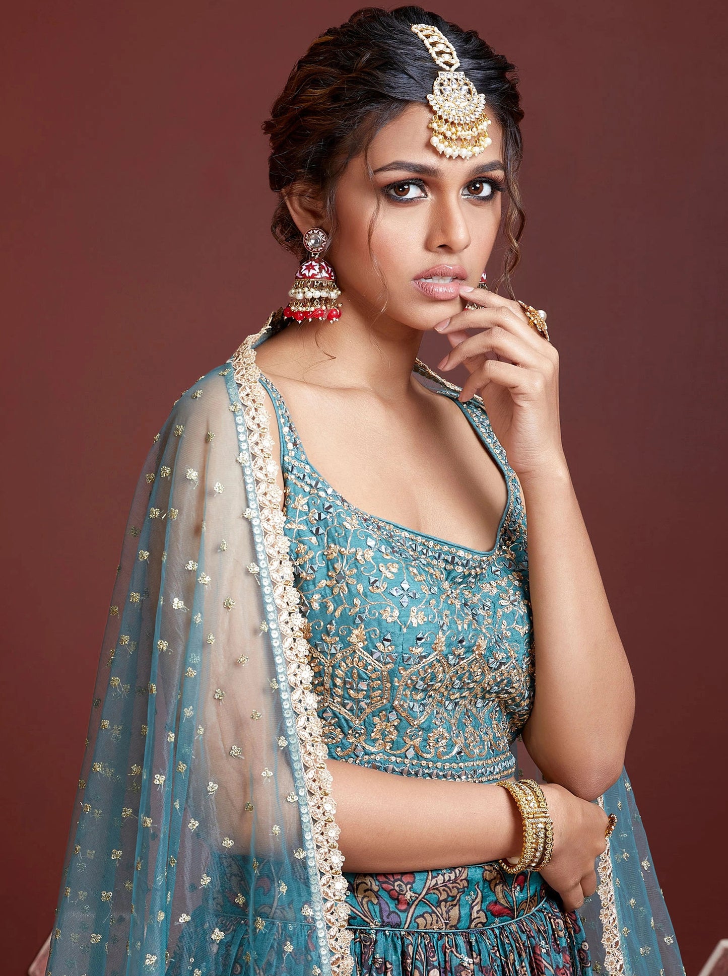 Sky Blue Chinnon Silk Embroidered Wedding Lehenga Choli