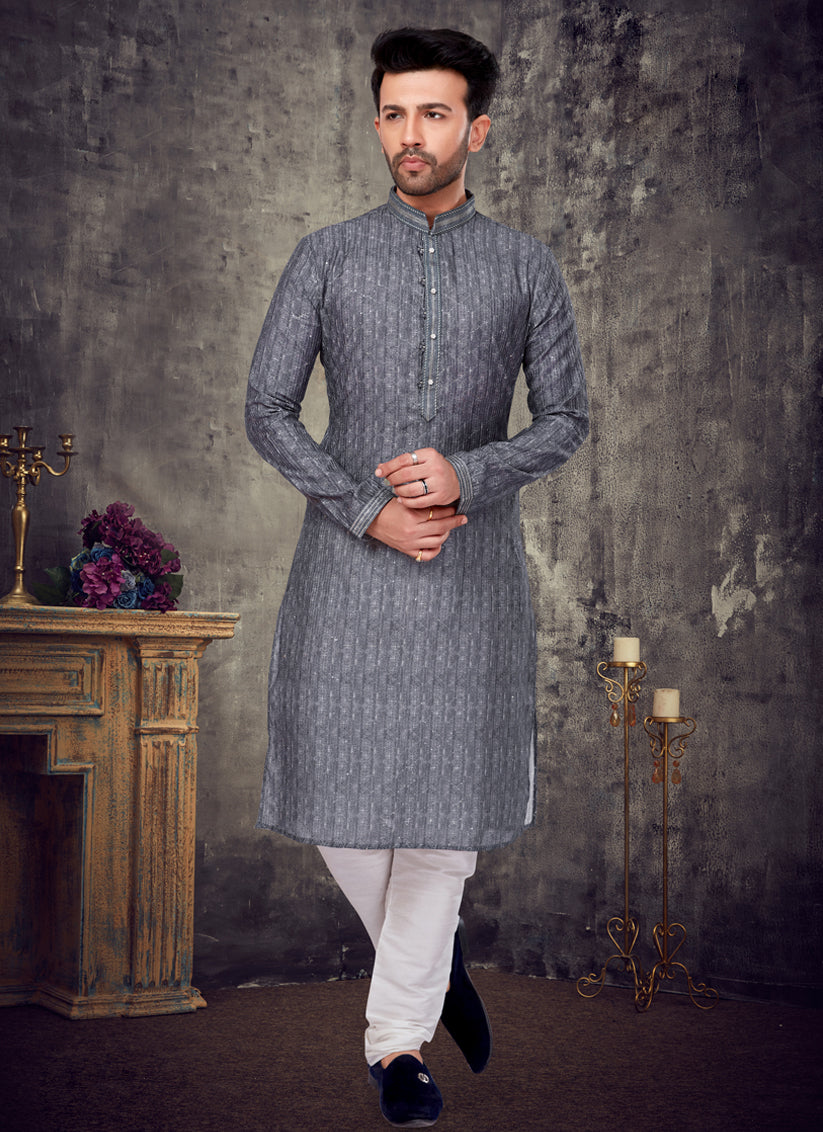 Slate Grey Slub Silk Embroidered Mens Kurta Pyjama Set