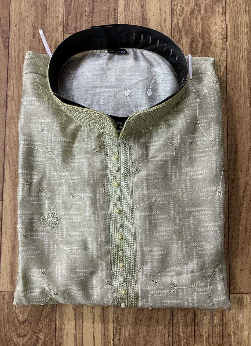 Sage Green Slub Silk Embroidered Mens Kurta Pyjama Set