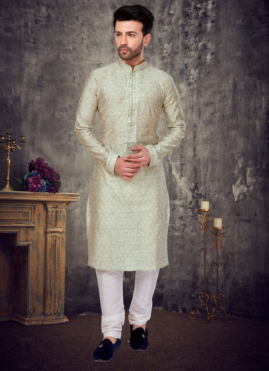 Sage Green Slub Silk Embroidered Mens Kurta Pyjama Set