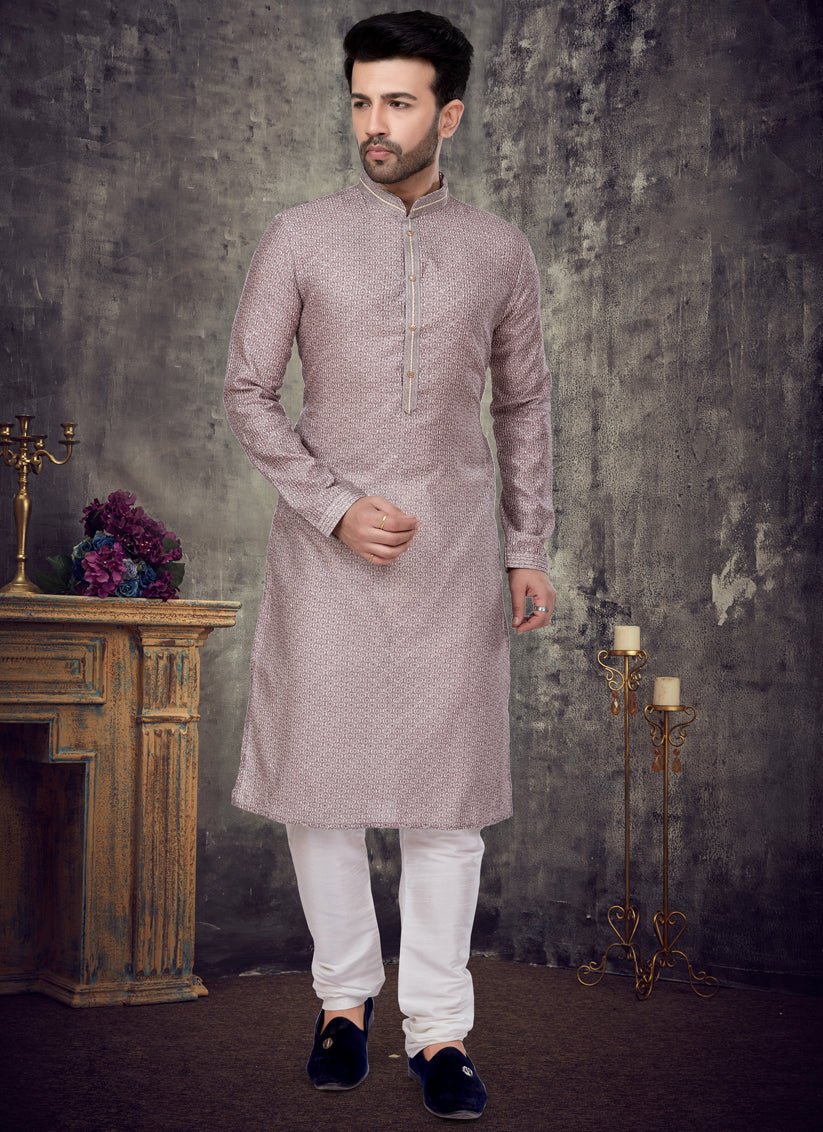 Dusty Grey Slub Silk Embroidered Mens Kurta Pyjama Set